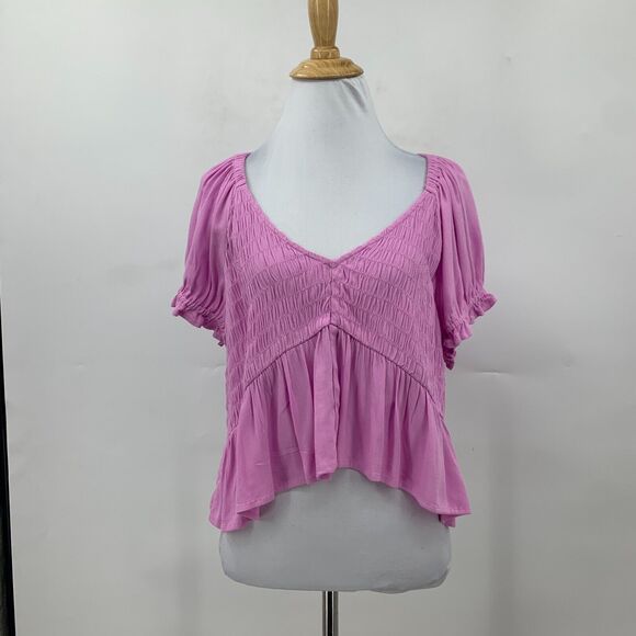 BP Babydoll Shirred Crop Top Womens L Purple Tulip Ruched Puff Sleeve Peplum - Picture 2 of 14